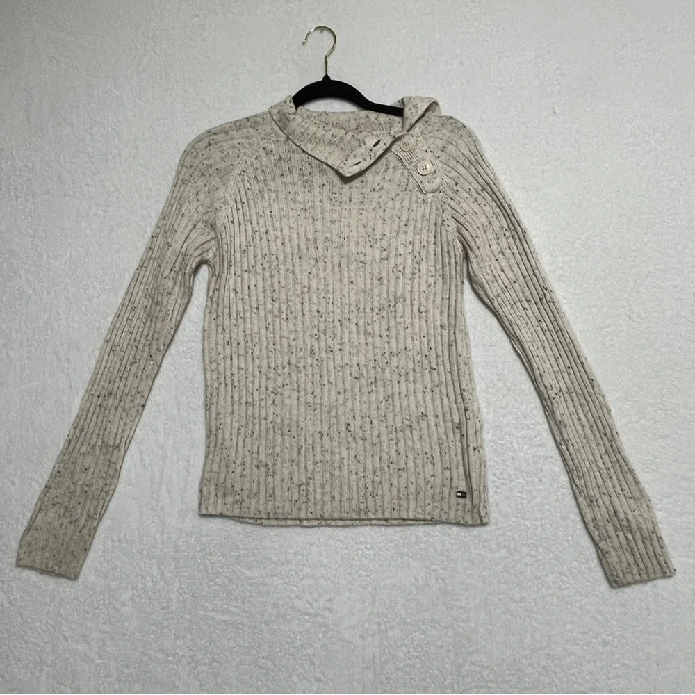 Tommy Jeans Girl's Sweater Vintage Y2k Beige Fleck Button Mock Neck Size Large